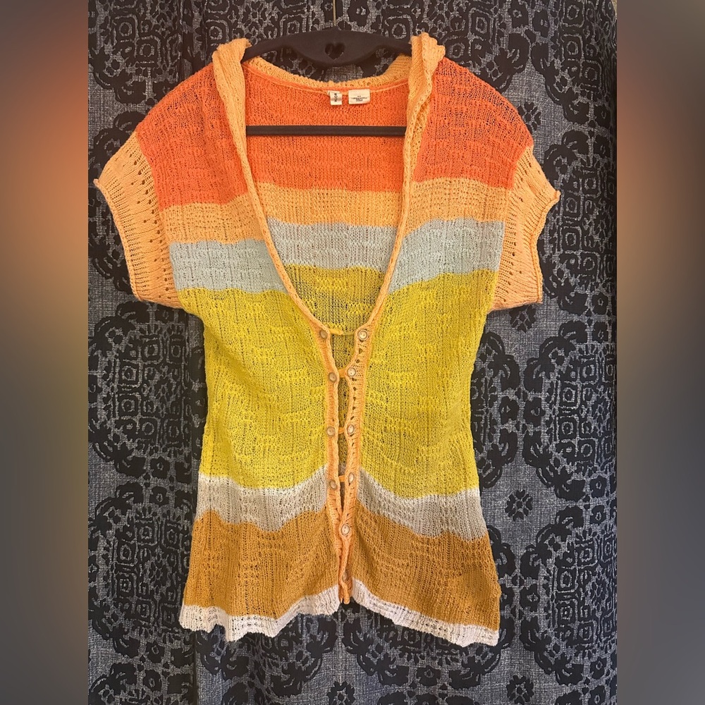 Anthropologie Moth tangerine, cream, yellow Striped Knit Cardigan Sweater